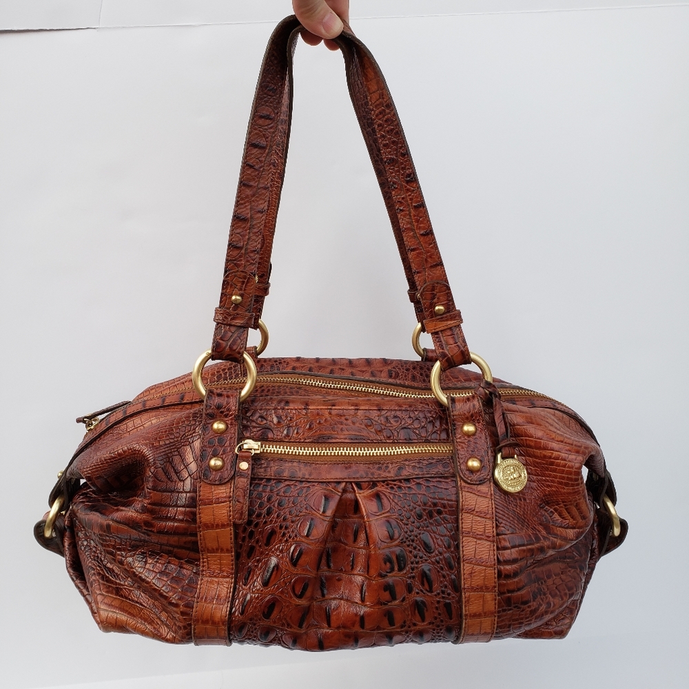 BRAHMIN VINTAGE EMBOSSED BROWN BLACK GOLD LEATHER HANDBAG